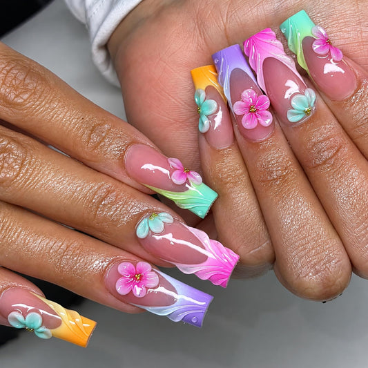 Long Press on Nails Square Fake Nails Multicolor Artificial Nail Pastel French Tips 3D Flower Petal Mint Pink Purple Summer Garden Stick on Nail for Women 24pcs