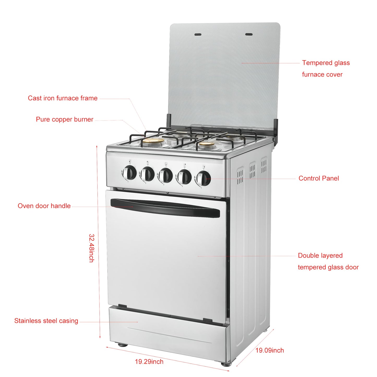 20" Free Standing Gas Stove Oven Range,4 Burner LPG Cooktop with 65L Oven, 201 Stainless Steel Body, Double Layer Mirror Surface Tempered Glass Door, Compact Design for Kitchen (LPG)
