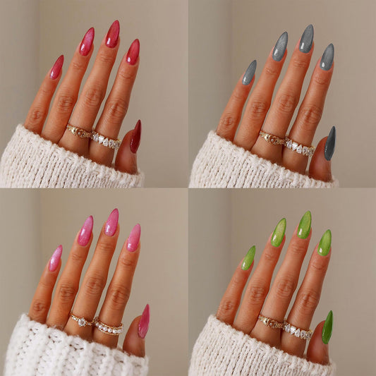 KKUUOO 4 Packs Press on Nails Almond Solid Color Fake Nails with Gradient Design Glitter Glossy Acrylic Nails Stick on Nails for Women 12 Sizes 4 Styles 96 Pieces Total