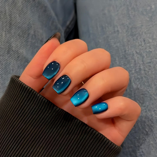 KQueenest Baby Blue Cat Eye Press on Nails Short, 30 Pcs Acrylic Press on Nails Square, Sparkly Glitter Black Fake Nails Press on Short, Reusable Chrome Soft Gel Glue on Nails for Women