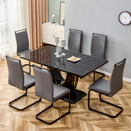 Btikita Dining Table Set for 6, Kitchen Table Chairs Set of 6, Modern Dining Room Set with 63 inch Marble Dinner Table PU Leather Upholstered Chairs for Dining Room Kitchen