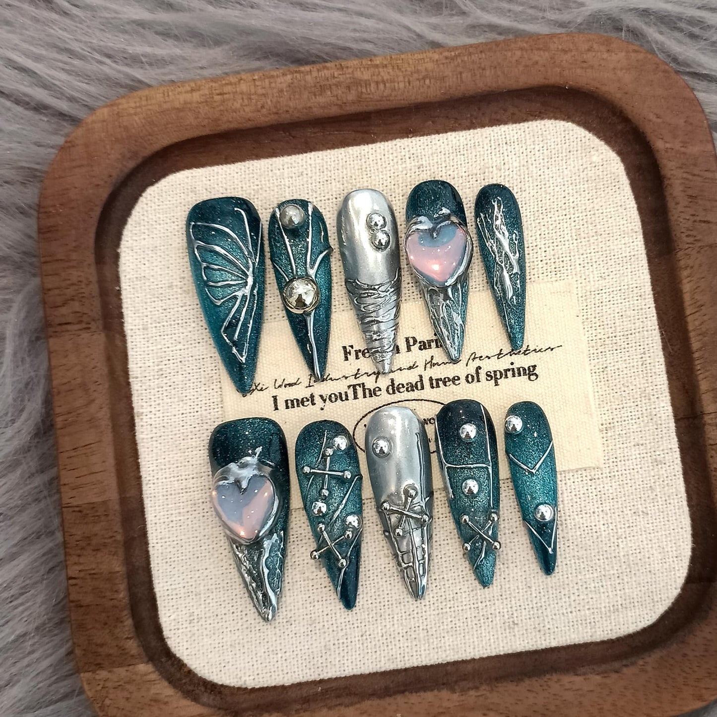TENPAL Handmade Press on Nails Long Stiletto,Galaxy Ombre Blue-Black Fake Nails with 3D Butterflies Cross Beads Gem Stones,Edgy Y2K Metal Embossed Meteor Glitter Design Salon False Nail Kit 10pcs(XS)