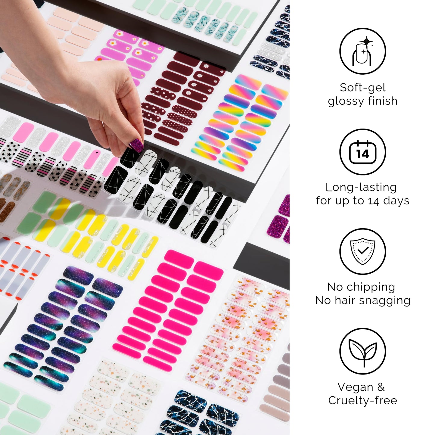 Semi Cured Gel Nail Strips - NAILOG 20 Pcs Pink Glitter Nail Stickers Extra Long Wraps with Glossy Gel Finishing for Spring Summer, Pearl Gleam