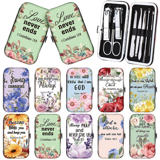 Lanties 10 Sets Christian Gifts for Women Bulk Bible Verse Scripture Manicure Sets Floral Stainless Steel Nail Clipper Set Religious Gift for Employee Staff Women Christmas Party Supplies