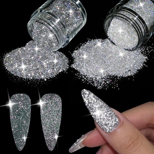 Furtherpretty Reflective Glitter Powder for Nails, 2PCS Black & White Flash Reflective Nail Sugar Set, Sparkle Diamond Glitter Powder Dust for Party Nail Art, DIY Manicure Salon Accessories (#3 Flash)