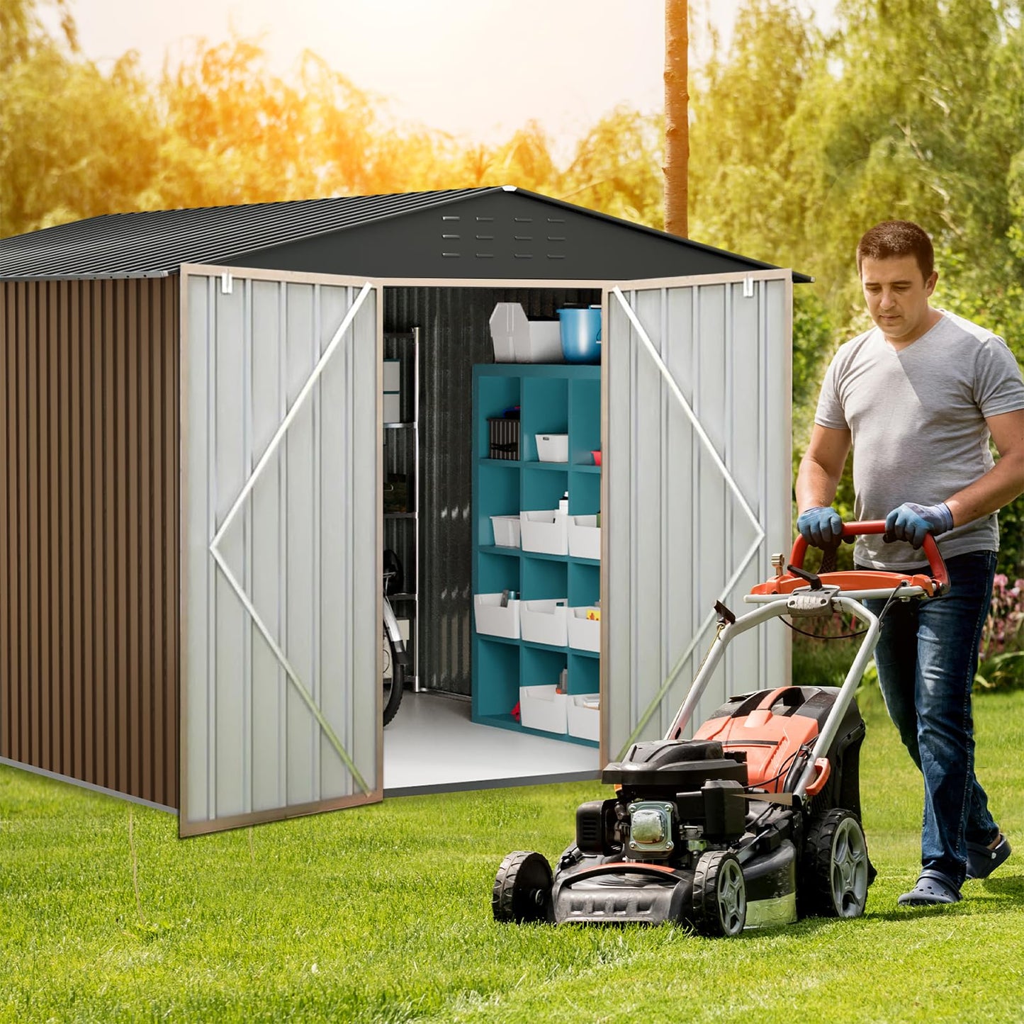 10x10 FT Outdoor Metal Storage Shed, Large Storage Sheds with Sturdy Frame Structure, Metal Garden Tool Shed with Lockable Door for Garden, Lawn, Backyard, Brown