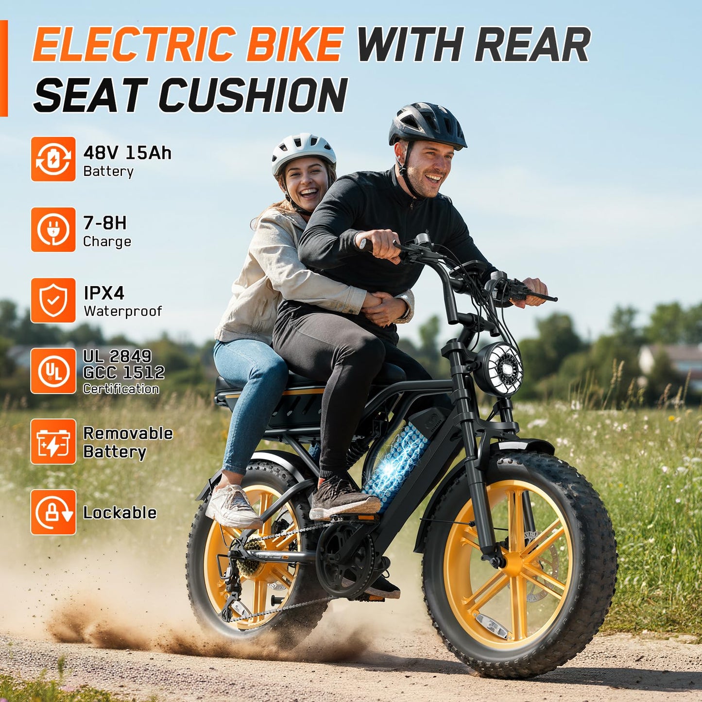 Electric Bike for Adults, 1500W Peak Motor Retro E Bike, Removable 48V 15Ah Battery, 20"x4.0 Fat Tire, 30 MPH Max Speed, 65 Miles Range, Ebike with Suspension, Fashion Design Wheels Hub Yellow
