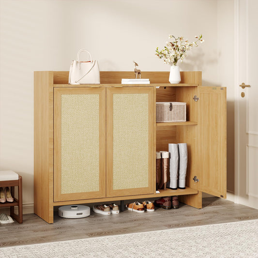 GarveeHome Rattan Shoe Storage Cabinet, Wooden Shoe Rack Organizer Cabinet with 3 Doors and Adjustable Shelves for Entryway Living Room Hallway, Dark Oak