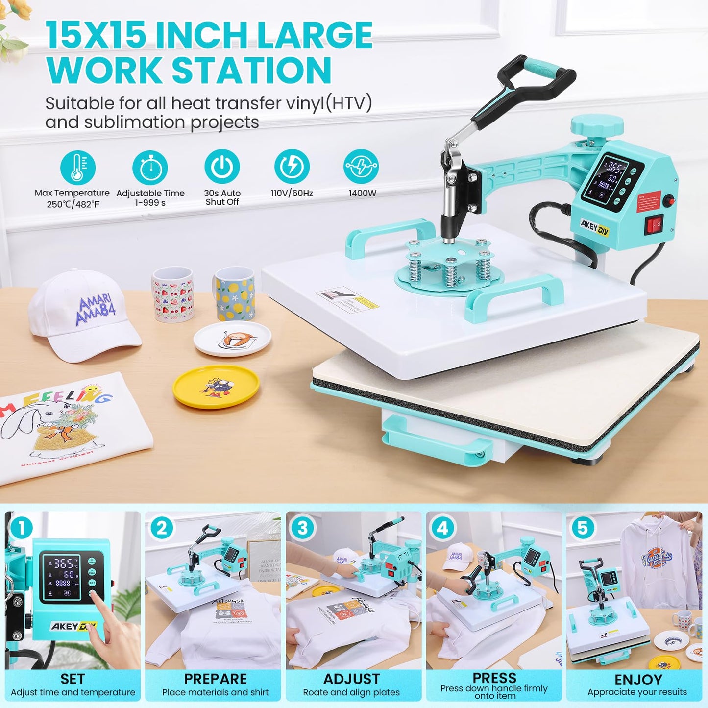 AKEYDIY Heat Press 15x15 inch 8 in 1 with 30OZ Tumbler Press, 360° Swivel Away Slide Out Digital Shirt Press Machine, Industrial Heat Transfer Machine Sublimation for T-Shirt/Tumbler/Mug/Hat/Cap/Plate