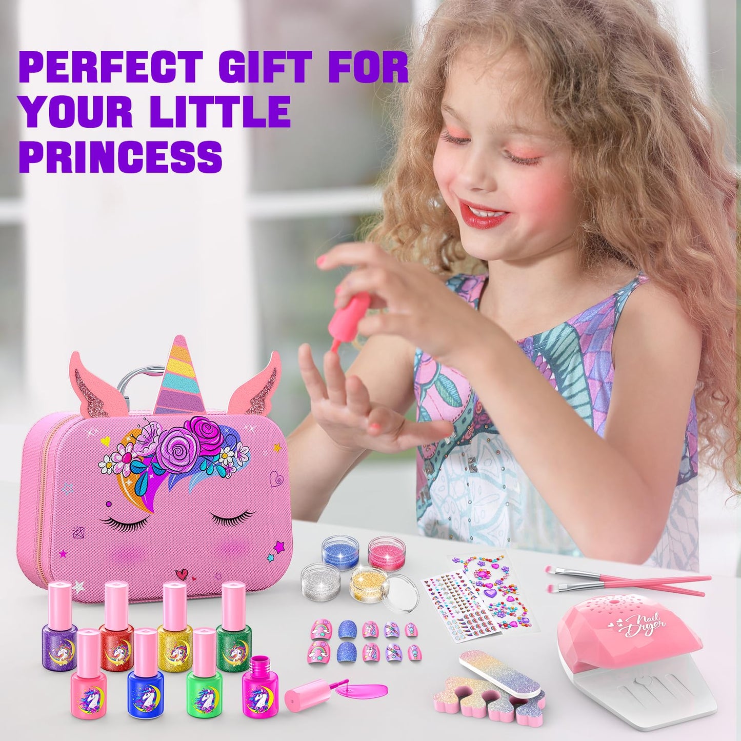 Kids Nail Polish Set for Girls, Non-Toxic Quick Dry Nail Art Salon Kit with Nail Dryer and Peelable Nail Polish,Ideal Gift Toys for Girls Age 6-12