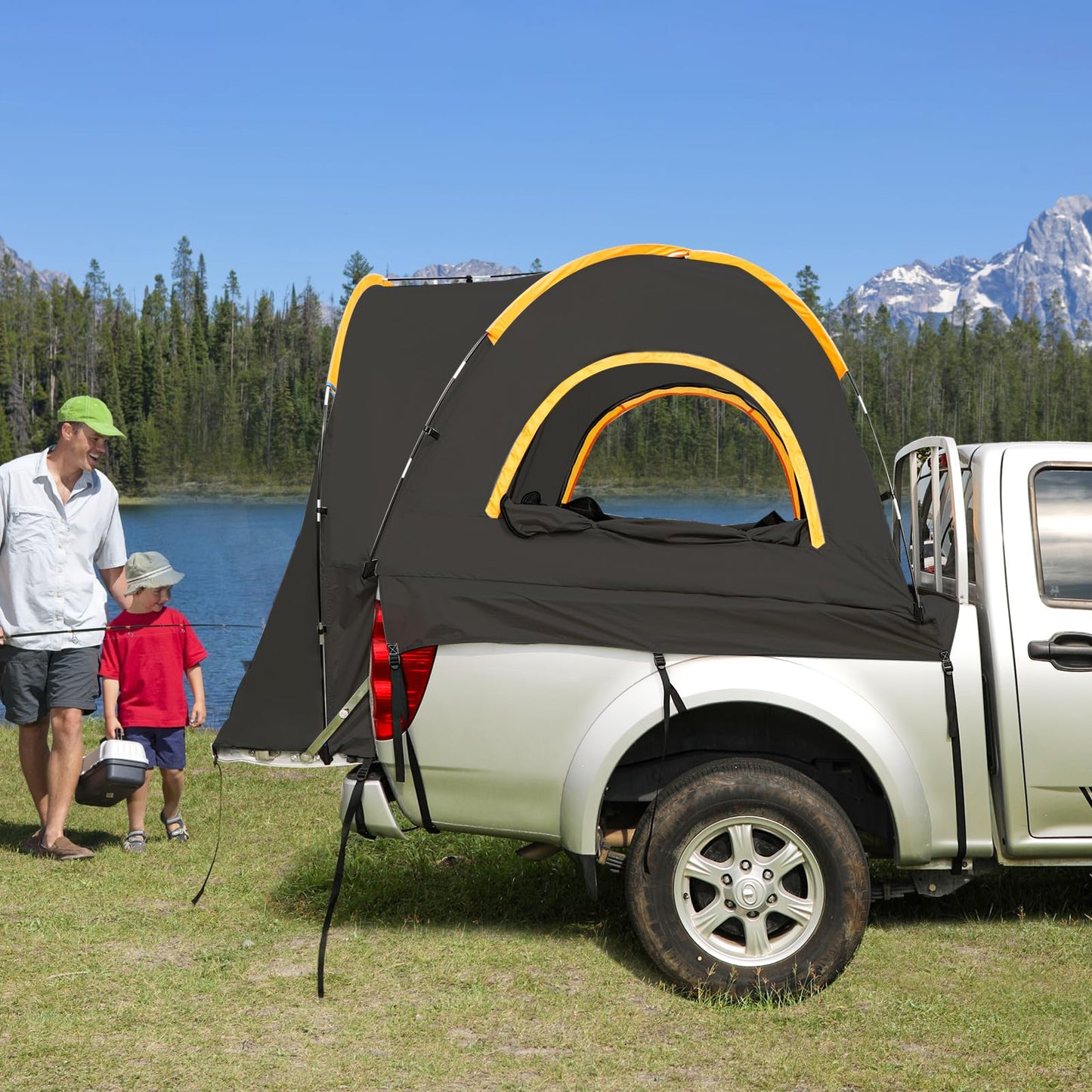 HREFEU Pickup Truck Blackout Tent, Portable Truck Bed Tent for Camping, Waterproof PU2000mm Double Layer for 2 Person, Compact and Full Size Regular Bed Long Bed (Black) (5.0-5.2)