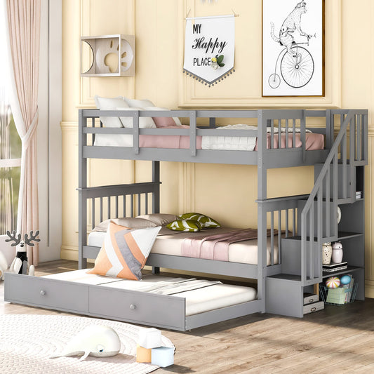 Merax Twin-Over-Twin Bunk Bed with Twin Size Trundle, Soild Wood Stairway Bunk Bed with Storage and Guard Rail for Teens, Adults, Gray