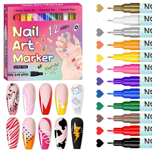 12 Colors Nail Art Pens Set, Press to Release Ink Nail Art Markers Nail Polish Pens, Graffiti Dotting Pen Drawing Painting Liner Pen for DIY Nail Art Beauty Adorn Manicure Home Salon, Adult
