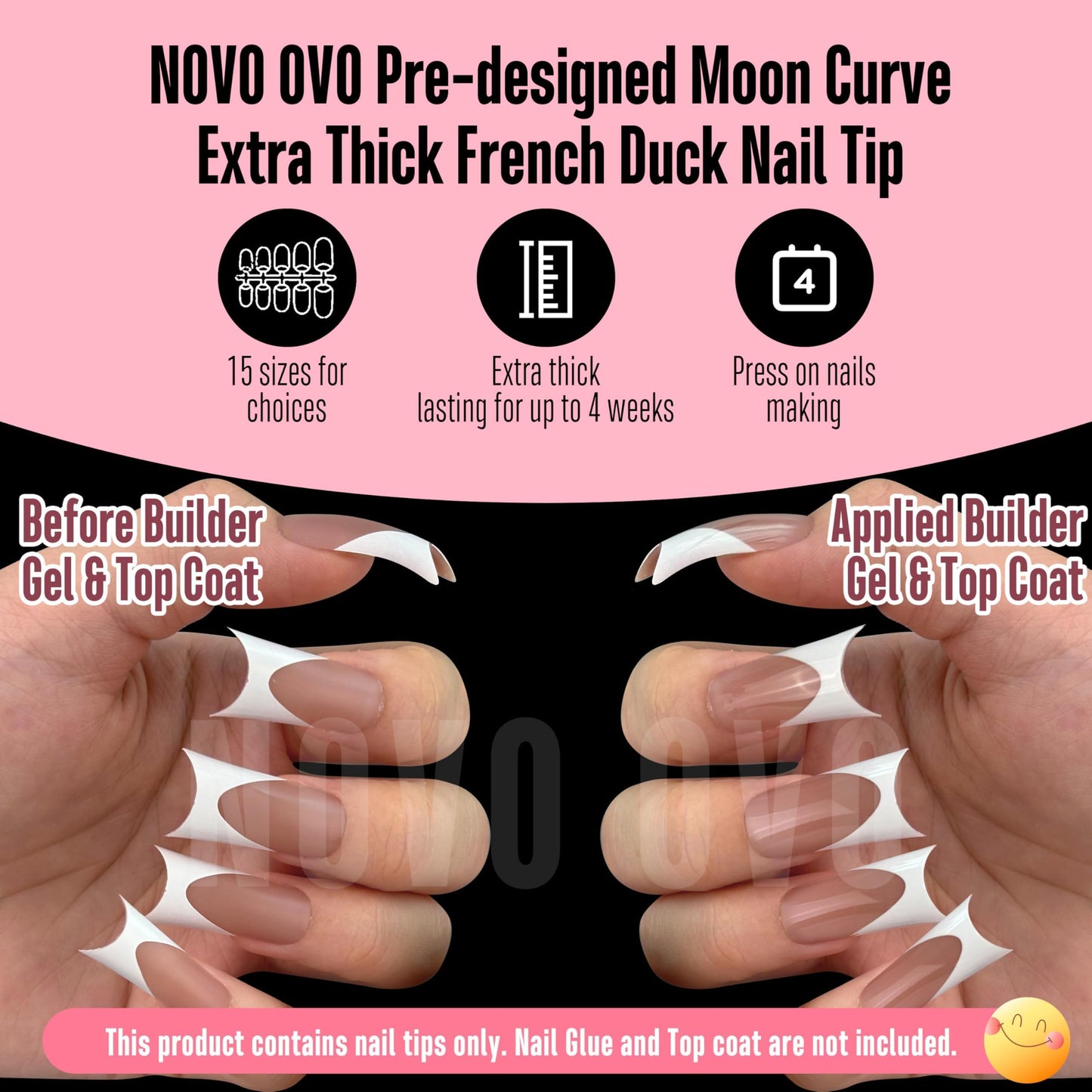 NOVO OVO Halloween Duck Nail White French Tips Press On BROWN PINK with Moon Curve, Medium Extra Thick Full Cover Acrylic,Pre-Etched Wide Soft Gel False Nail Extension for Salon DIY x 15 Sizes 150 pcs