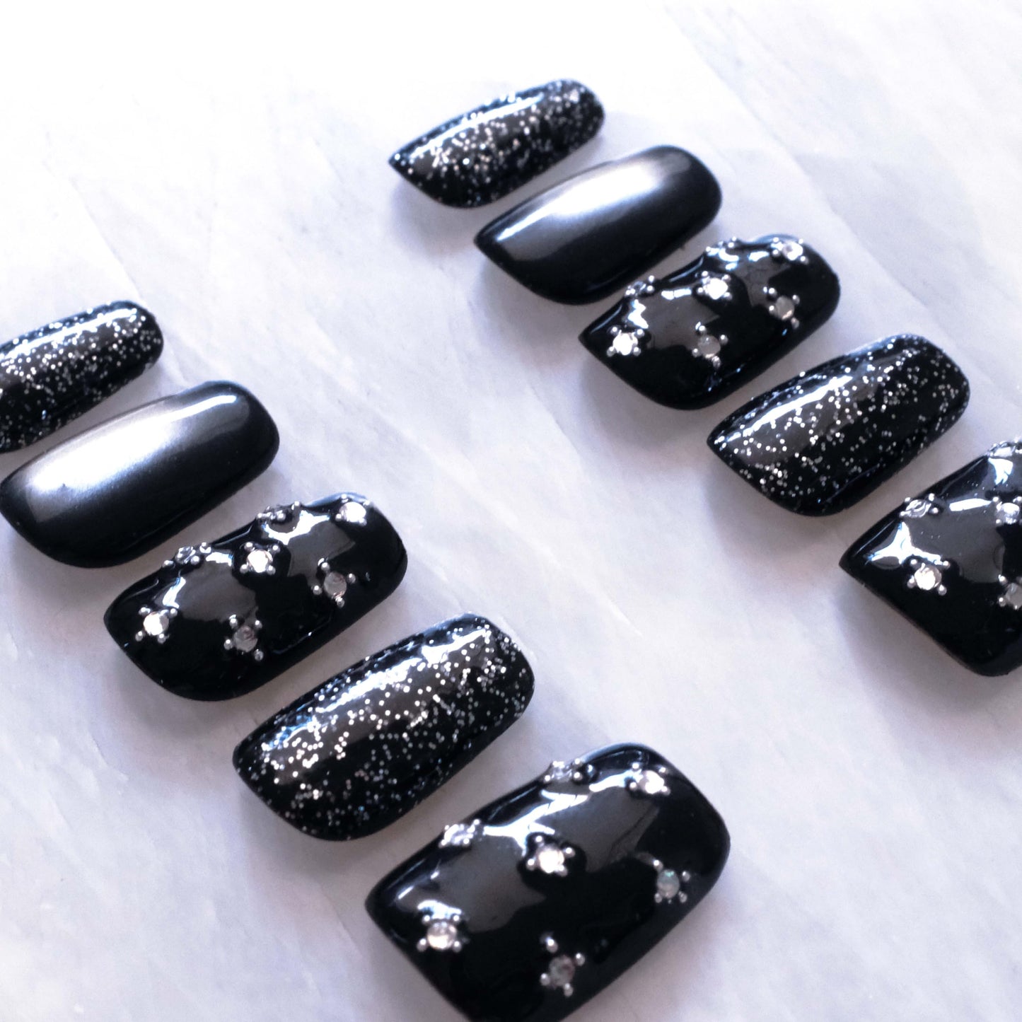 BlackStar - Handmade Press on Nails, Black Starry Sky with Cat Eye, Rhinestone Bling, Medium Ballerina Shape, 10 Pieces (Small Size, MB)