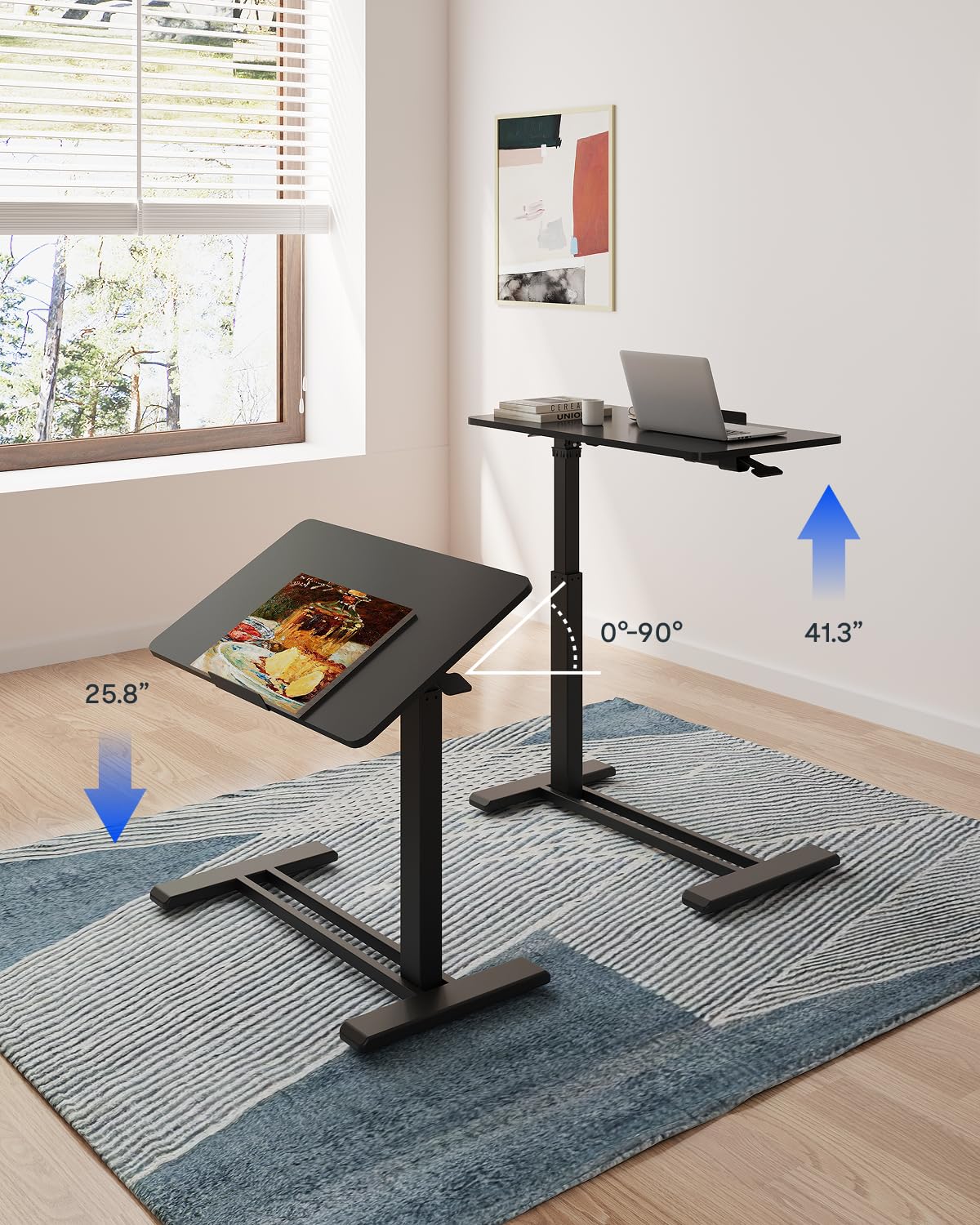 FLEXISPOT H7 PRO Mobile Standing Desk Adjustable Overbed Table Pneumatic with Wheels 90°Tiltable Portable Laptop Desk Rolling Computer Cart Foldable Bedside Table(31.5" W x 17.7" D D, Black)