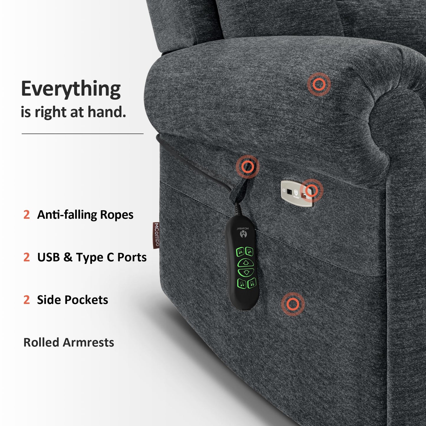 MCombo Triple Motor Power Lift Recliner Chair with Massage and Lumbar&seat Heating, Rolled Arms, Adjustable Headrest for Elderly People, Fabric 7888 (Dark Grey, Medium)
