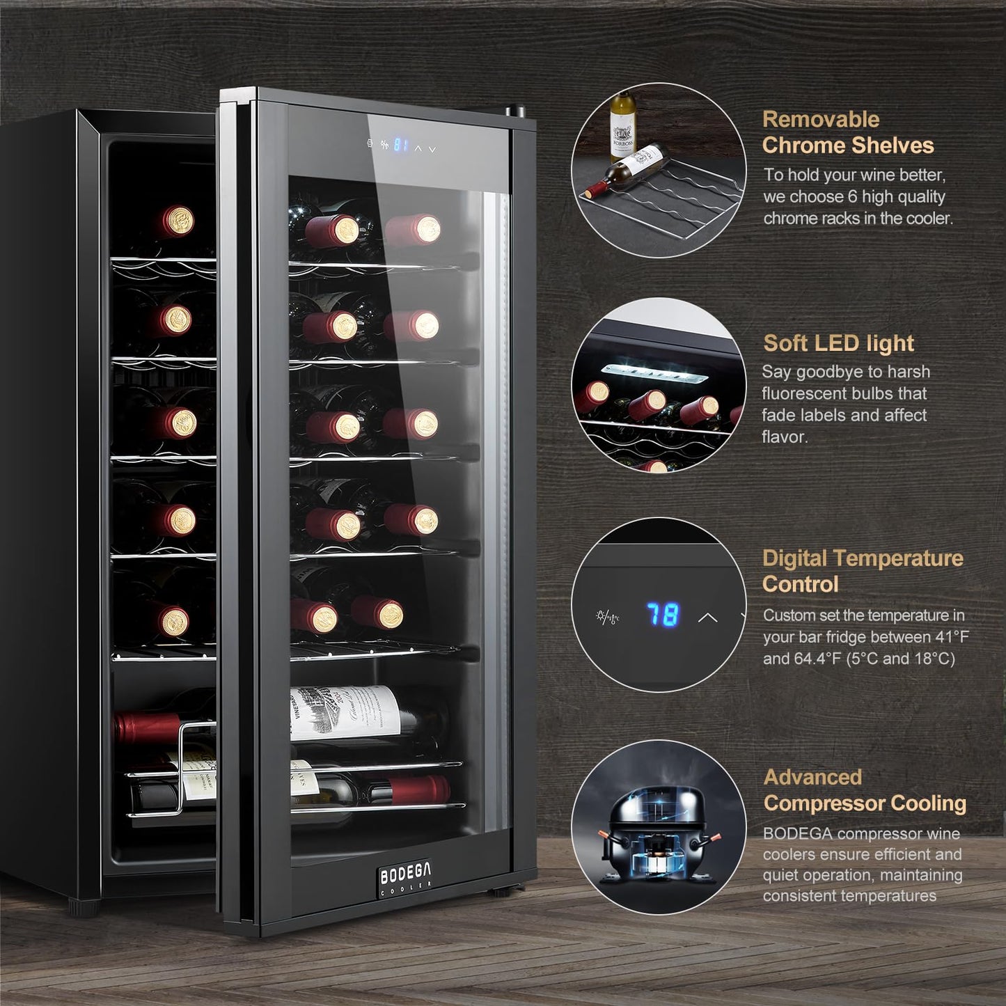 BODEGACOOLER Wine Cooler 24 Bottle for Home and Kitchen, Mini fridge for Bedroom,Wine Fridge with 41-64.4°F Digital Temperature Control,Small Freestanding Wine Refrigerator for Red, White & Champagne