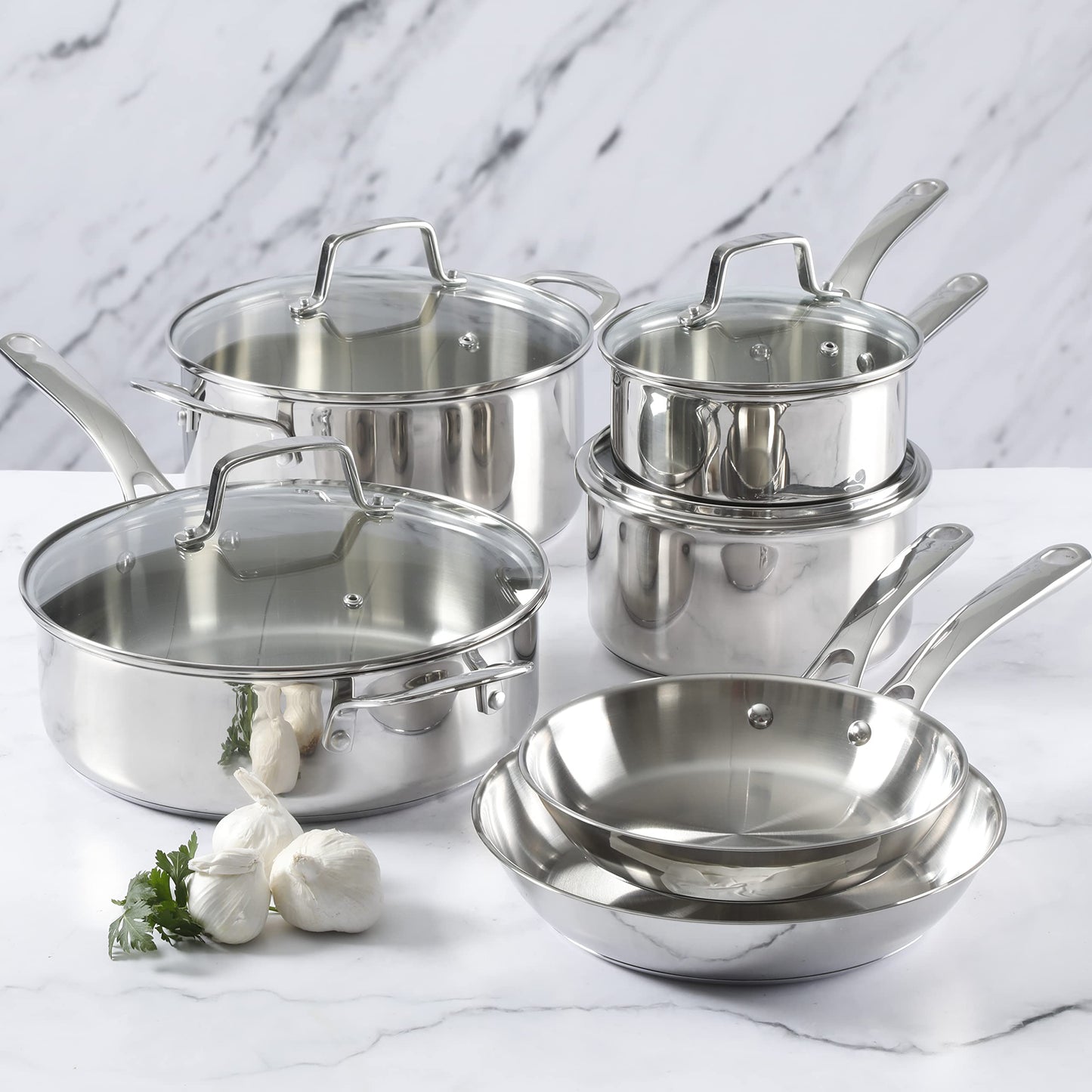 Martha Stewart Castelle 10 Piece 18/8 Durable Stainless Steel Induction Safe Non-Toxic Triply Bottom Kitchen Pots and Pans Cookware Set - Dishwasher Safe