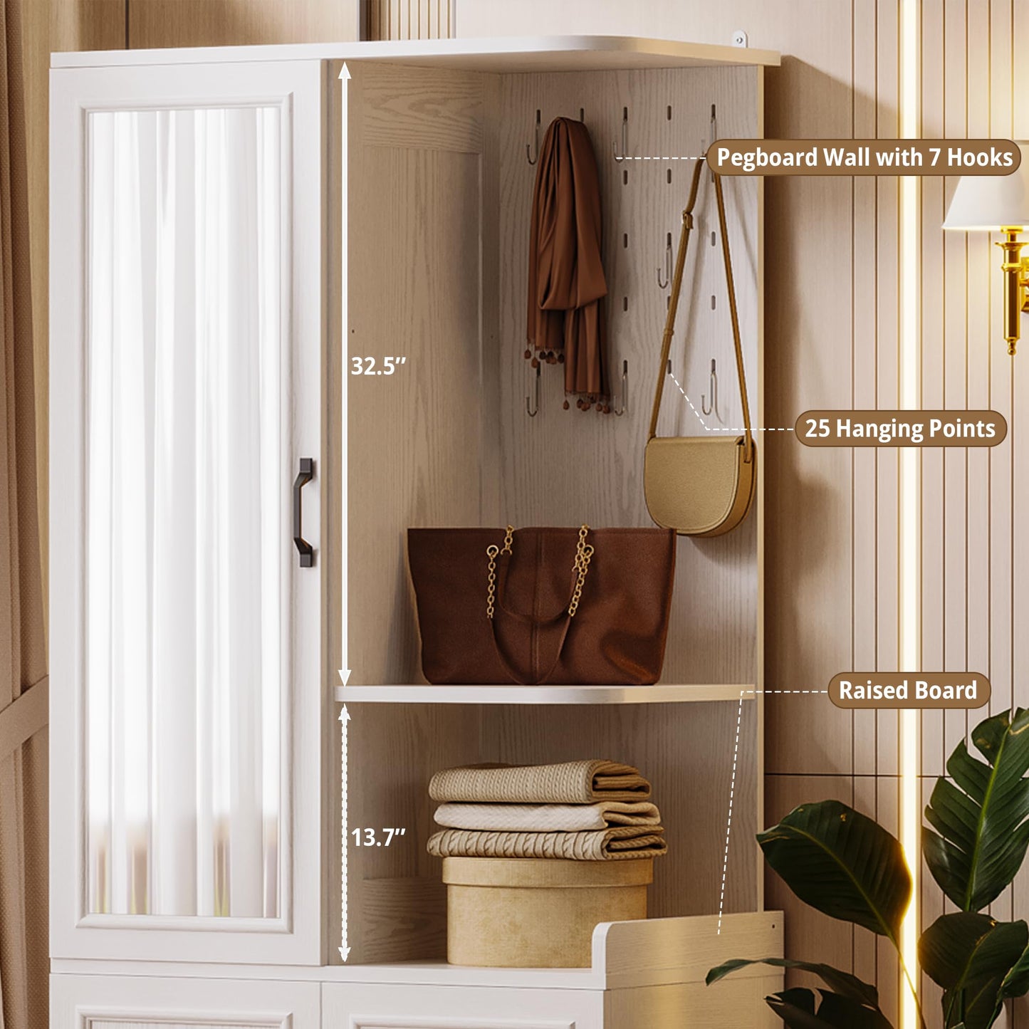 LIKIMIO Armoire Wardrobe Closet, 70" H Wooden Bedroom Armoire with Mirror, 2 Cabinet, Pegboard and a Open Shelf, Large Freestanding Clothing Storage Cabinet with 3 Doors, White