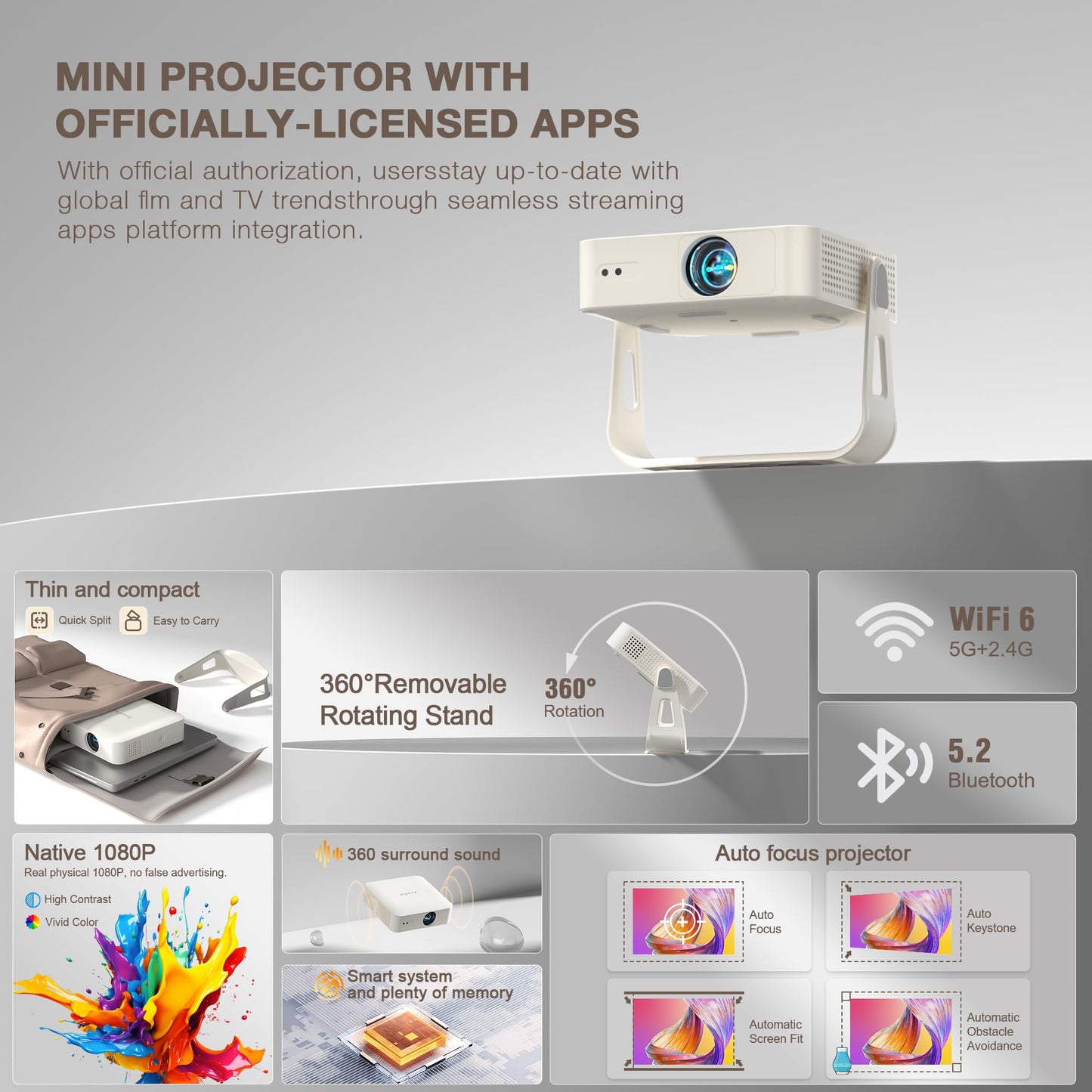 [Officially-Licensed App & Auto Focus]White Smart Mini Projector with WiFi and Bluetooth, XuanPad 4K Support Movie Projector, Portable Native 1080P Outdoor Projector with 360° Stand