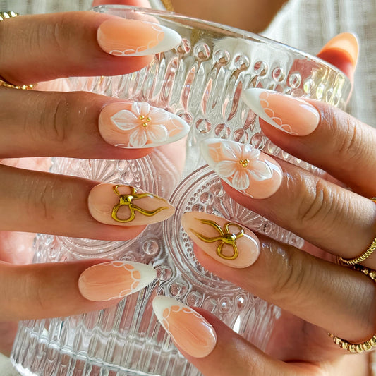 Blossom Bow Fake Nails Press on, 22mm Nude French Floral with Romantic Bow & Flower, Elegant Bridal Acrylic Nail Set for Women, Dates & Spring (Multicolor, S)
