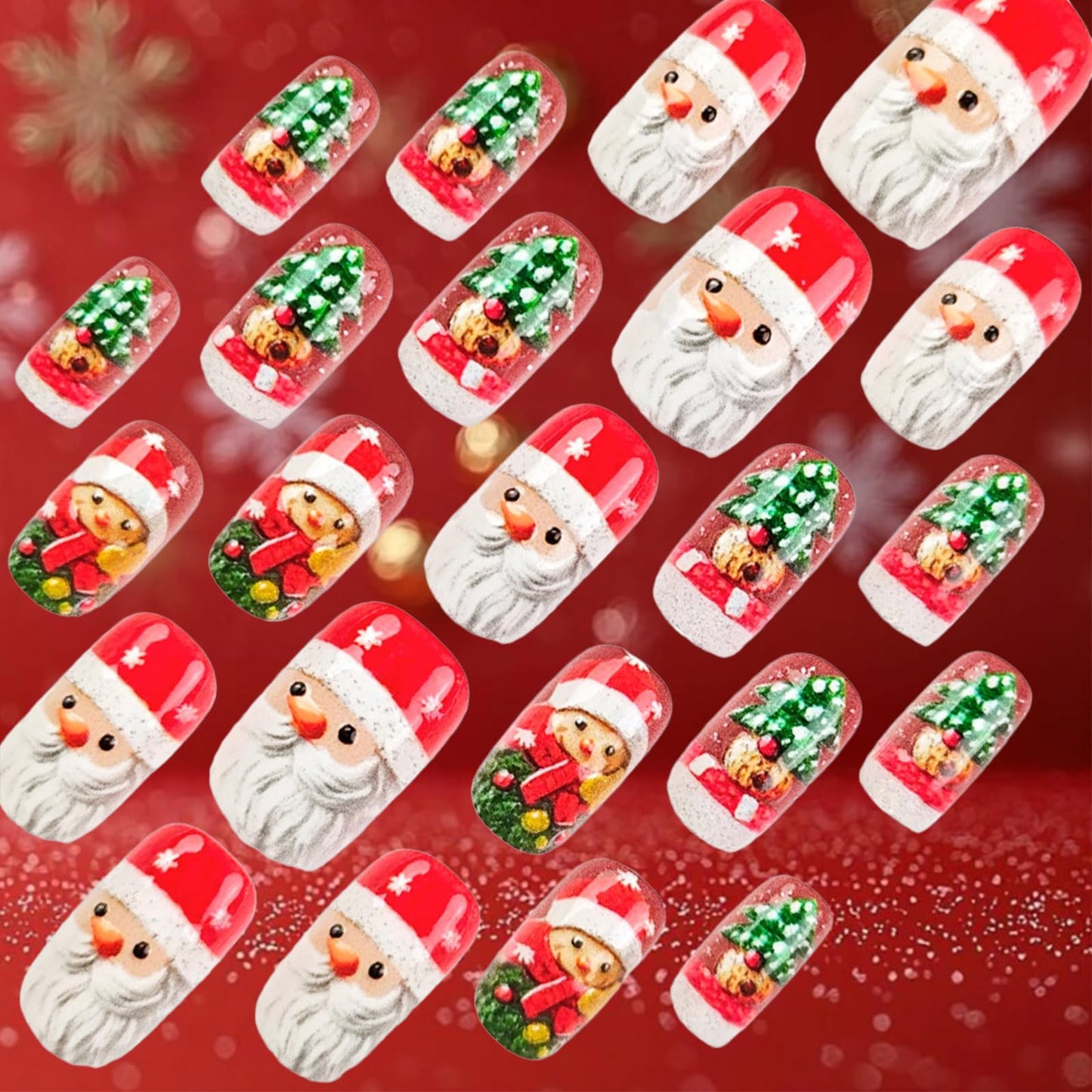 Christmas Medium Square False Nails Glossy Red Christmas Hat Acrylic Fake Nail Cartoon Santa Claus Press on Nails 24Pcs Xmas Tree Stick on Fingernails Snow Gel Glue on Nail for Women Xmas Gift