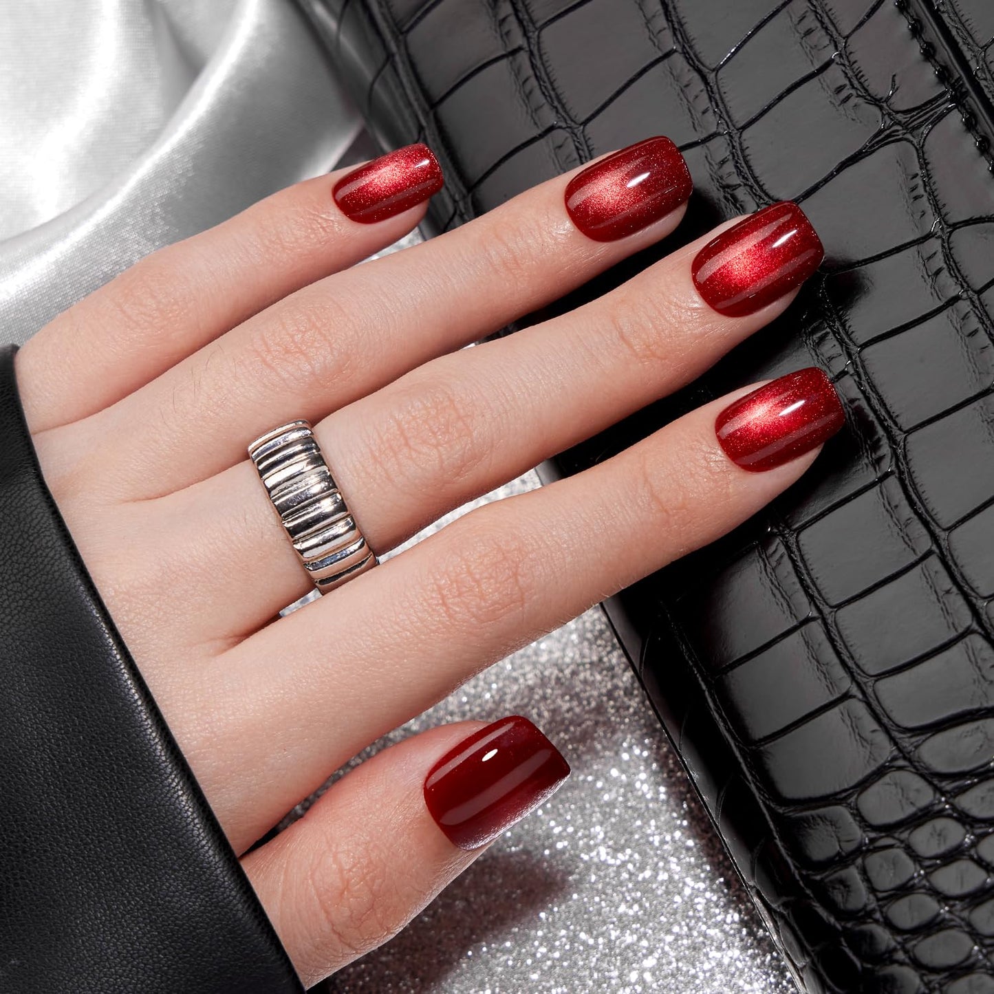 VSALON Press on Nails Short Square - Burgundy Red Cat Eye Glitter Fake Nails, Reusable Opaque Gel Magnetic Effect Fake Nails with Glue & Cuticle Oil - 32 PCS in 16 Sizes