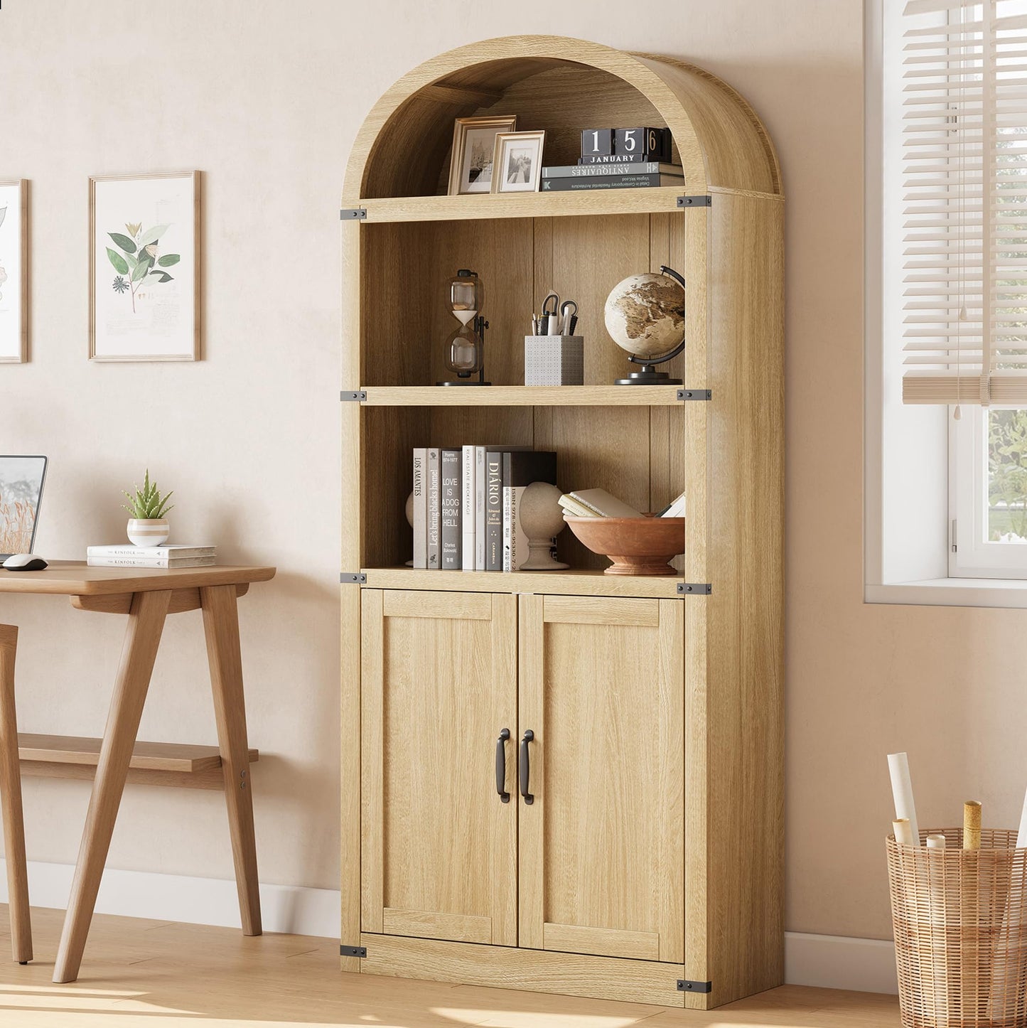 GarveeHome Bookcase with Doors Arched Bookshelf 71.65 in Tall Bookcase Farmhouse Cabinet with Shelves Wooden Bookshelves for Home Office, Living Room (Light Oak)