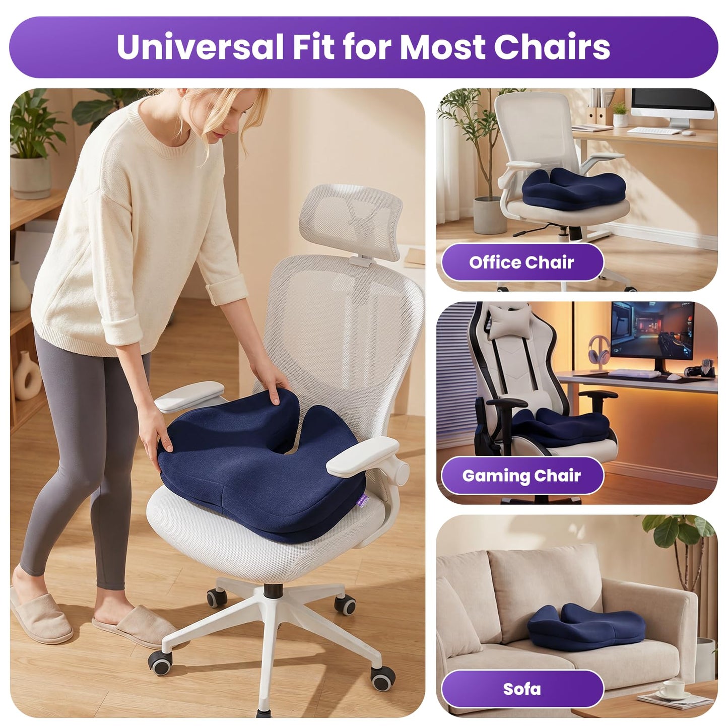 ZZ-WELL Seat Cushions for Office Chairs - Ergonomic Tailbone Pain Pressure Relief Seat Cushion - Extra Large & Thick Design Memory Foam Office Chair Cushion, 21.2" W X 16.5" L (Blue)