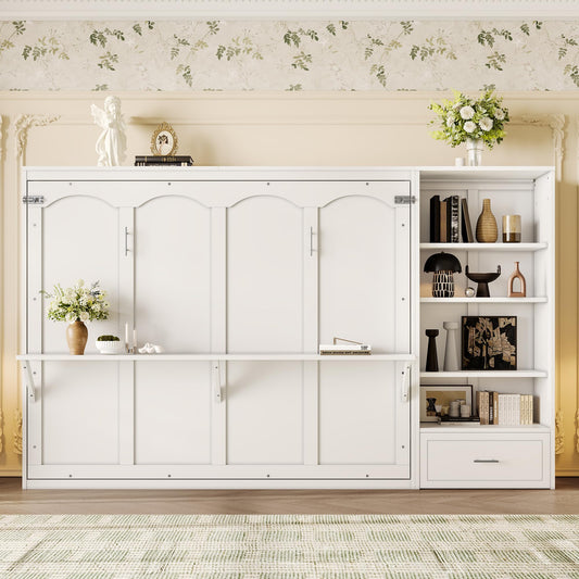 Bellemave Queen Murphy Bed with Height Adjustable Storage Compartments and Shelf, Wall Bed Frame, Murphy Cabinet with Foldable Panel, Noisy Free, for Guest Bedroom, Living Room, White