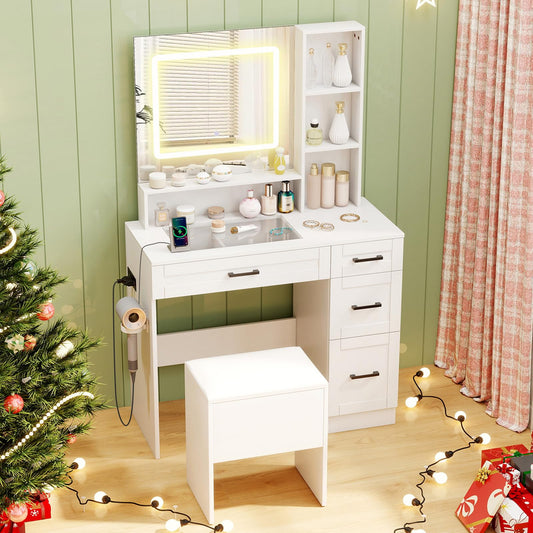 CHARMAID Vanity Desk with Mirror and Lights, Glass Top Makeup Vanity Table with Charging Station, Drawers & Shelves, Storage Stool, 3-Color Lighted Mirror, Modern White Dressing Table for Bedroom