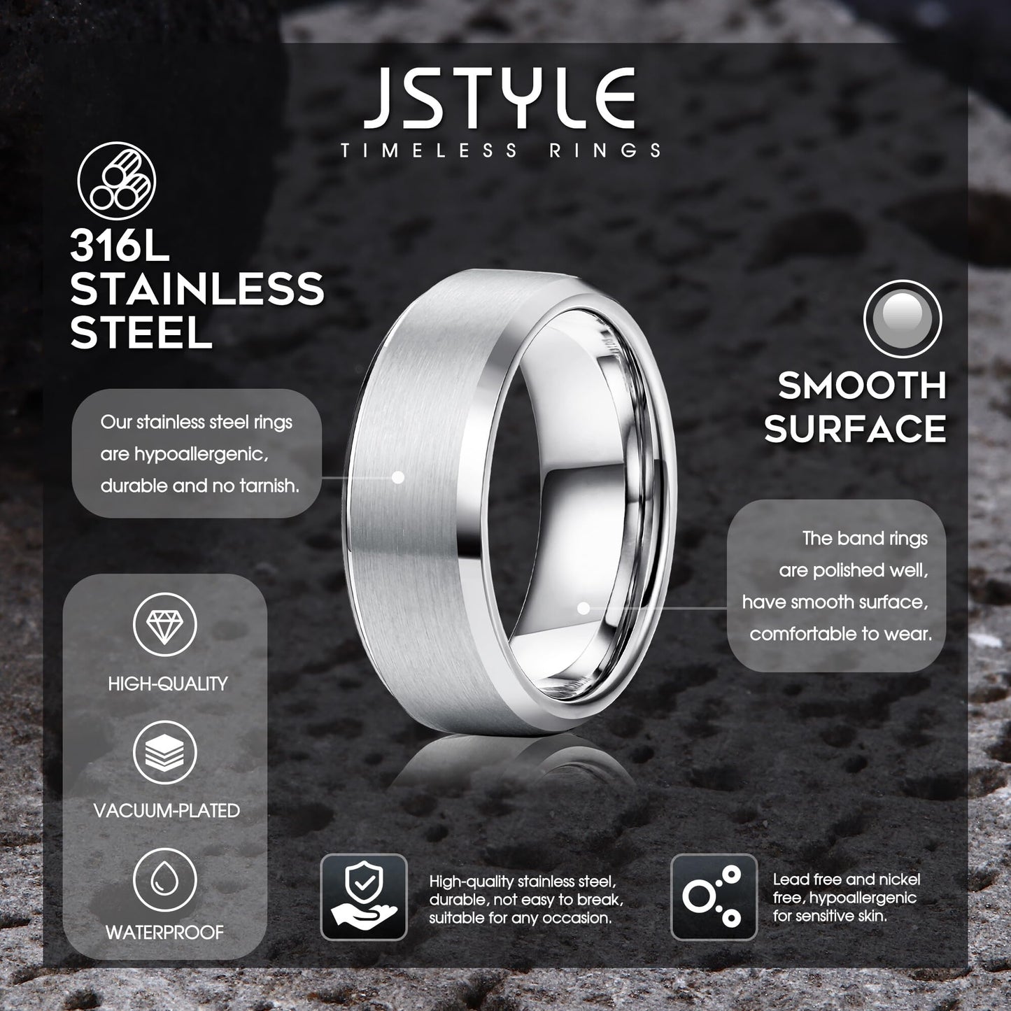 Jstyle Stainless Steel Rings for Men Women 8MM Wedding Band Rings Matte Surface - Beveled Polished Edge Mens Ring Size 8 Silver Plated Ring for Men
