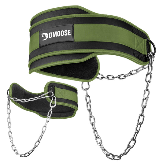 DMoose Fitness Dip Belt for Weight Lifting, Pullup, Squats & Dips - 36" Robust Steel Chain & Comfortable Neoprene Padding Supports 350lbs, Gym Weight Belt for Strength Training (Military Green)