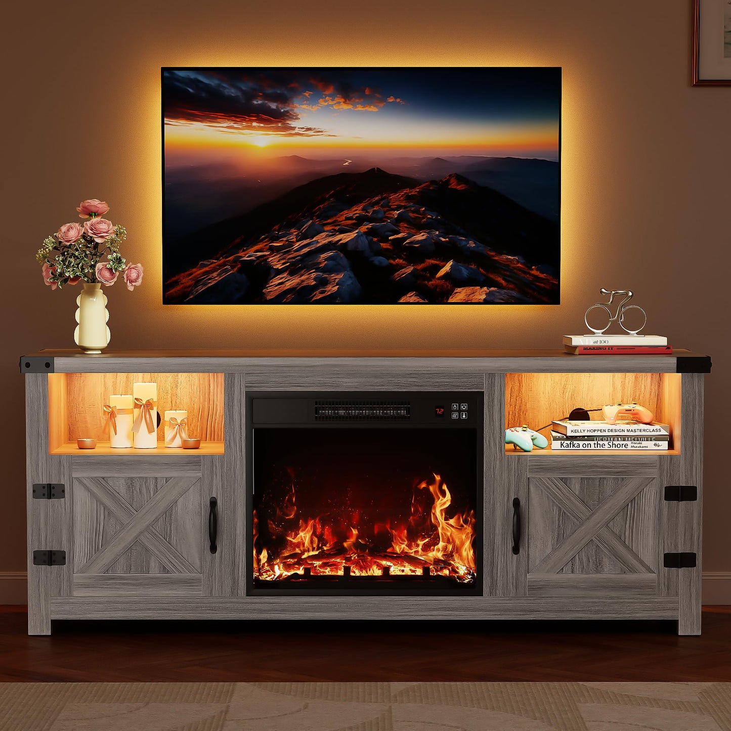 YESHOMY LED Fireplace TV Stand with Mood Lighting, TV Cabinet with Open Shelf, Farmhouse Media Console with Hidden Cable Routing, Entertainment Center for Televisions up to 65+ Inch, Gray Wash