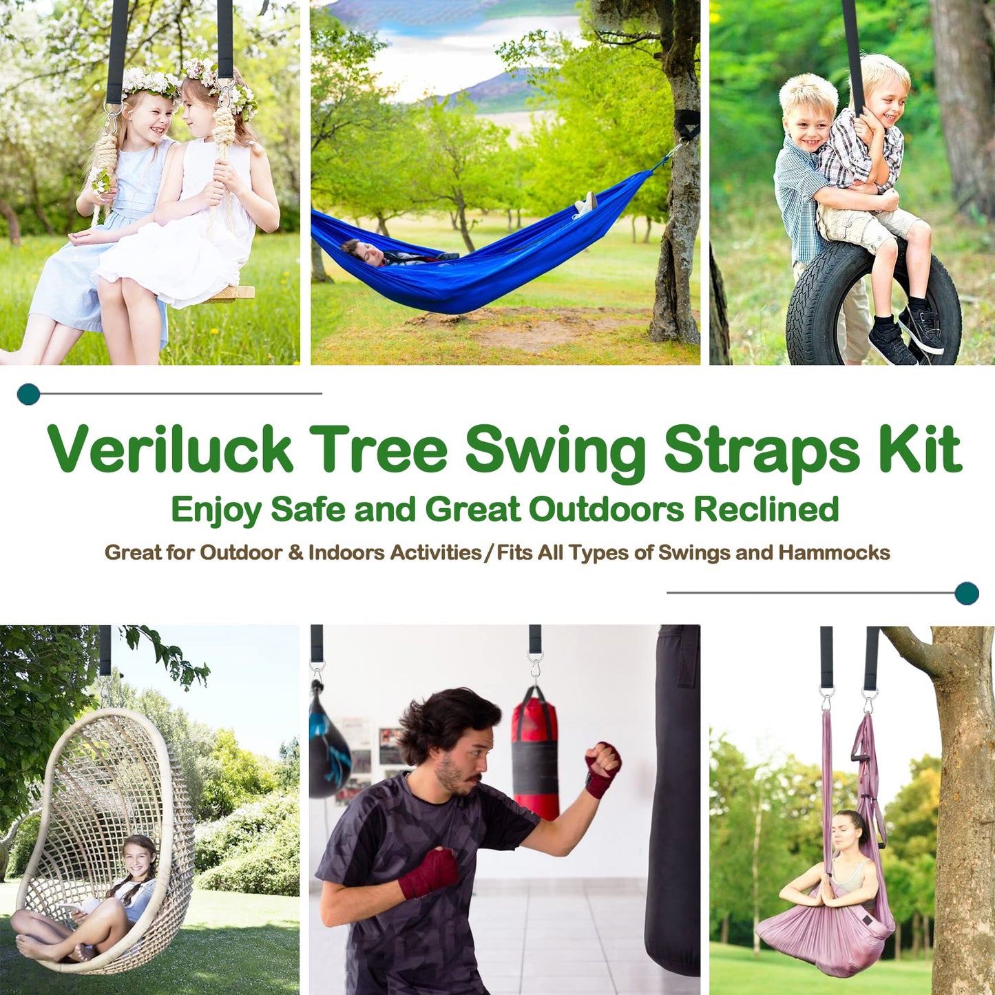 Veriluck Tree Swing Straps Hanging Kit - 3FT/8FT/15FT/20FT/30FT, Strong & Durable - Holds Up to 5000lbs - Adjustable Tree Swing Straps Fit for All Swings, Hammocks, Safer & Easy Installation (15 FT)