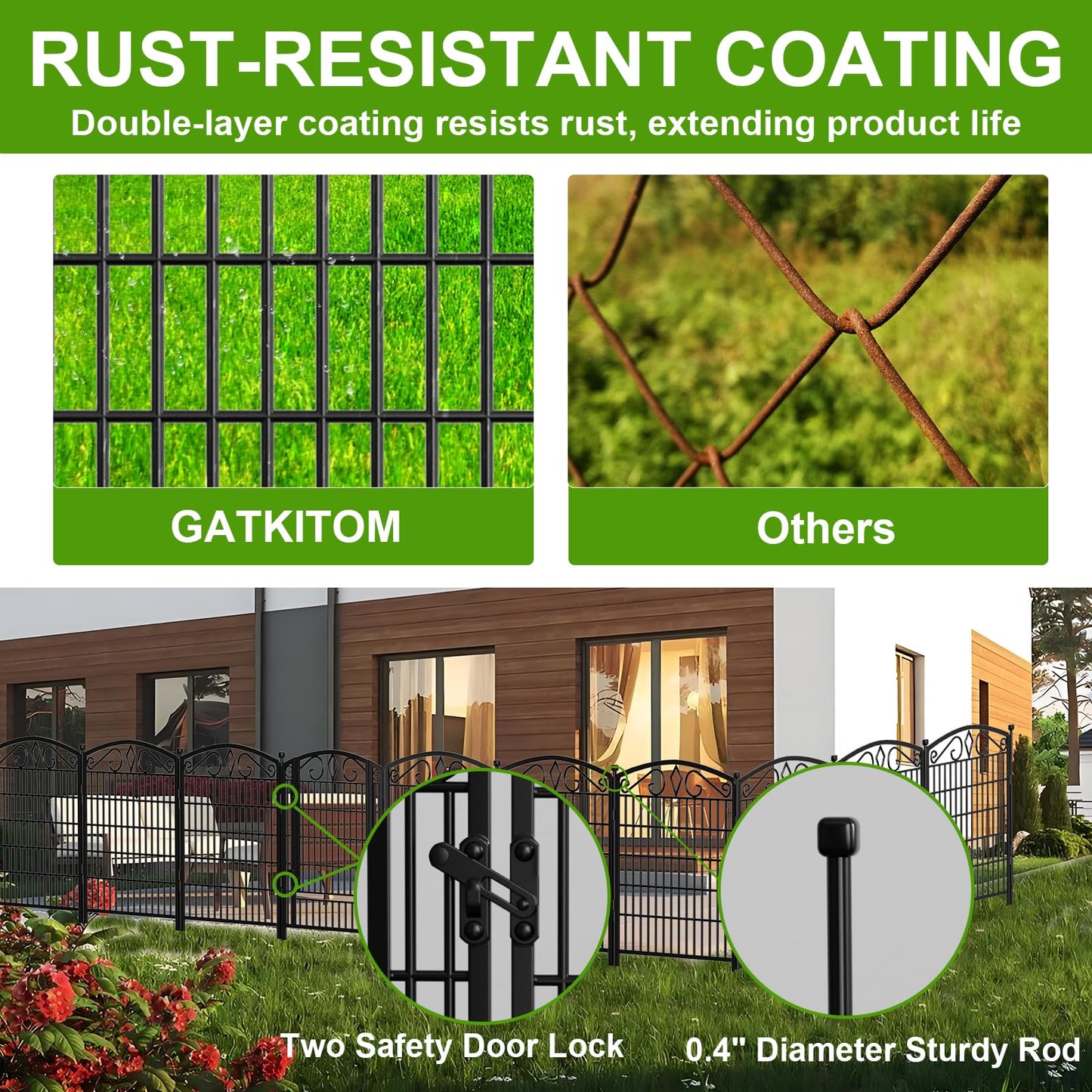 10 Panels No Dig Decorative Garden Fence with Gate, GATKITOM 31.3in(H) x 21.7ft(L) Rustproof Animal Barrier Metal Dog Fence Outdoor for Yard, Patio, Temporary Garden Fencing with Ground Stakes
