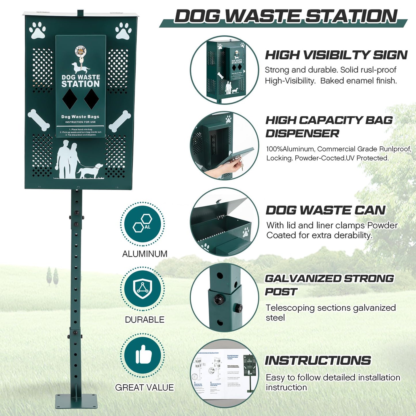 Abbylike Compact Dog Waste Station Outdoor - Pet Poop Waste Bag Dispenser & Litter Bin Combo, Pet Trash Bin Height Adjustable with Reflective Sign for Backyard Commercial Park Trail Yard