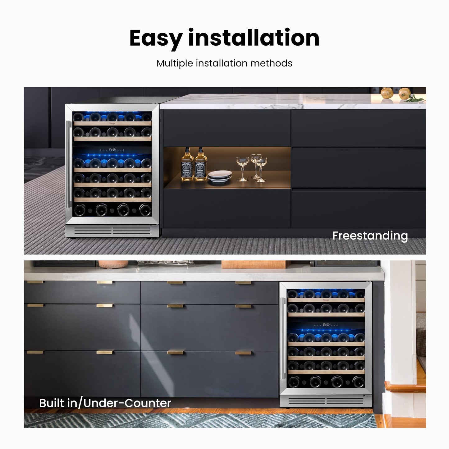Yeego Wine Fridge Cooler - 24 Inch Dual Zone Wine Fridge Hold 52 Bottles, 40-65°F Wine Refrigerator Glass Door, Built in Fridge, Freestanding Adjustable Shelves Fridge for Beer Soda Drink Home Bar