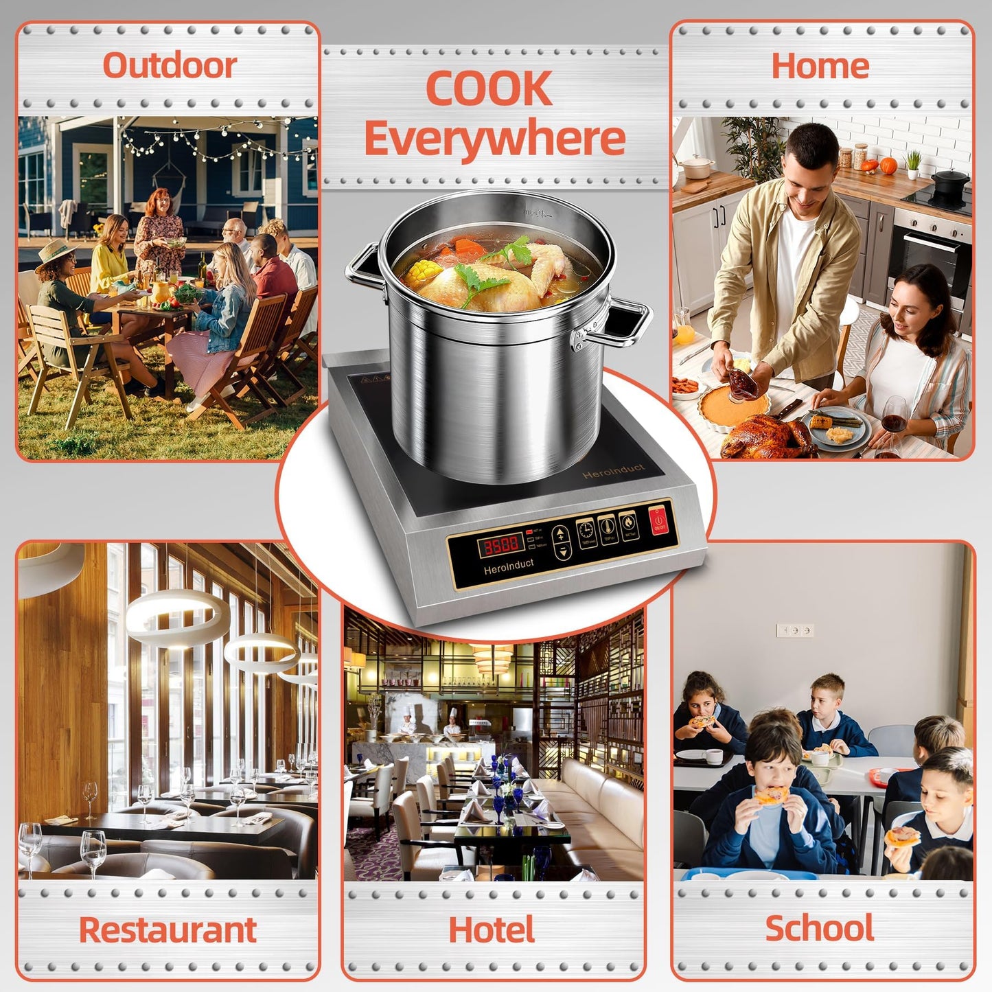 HeroInduct Portable Induction Cooktop 208-240V 3500W Commercial Range Countertop Burner Dual IGBT Modules 8 Heating Level Timer Sensor Push-Button Premium Stainless Steel Housing Ceramic Glass（Black）