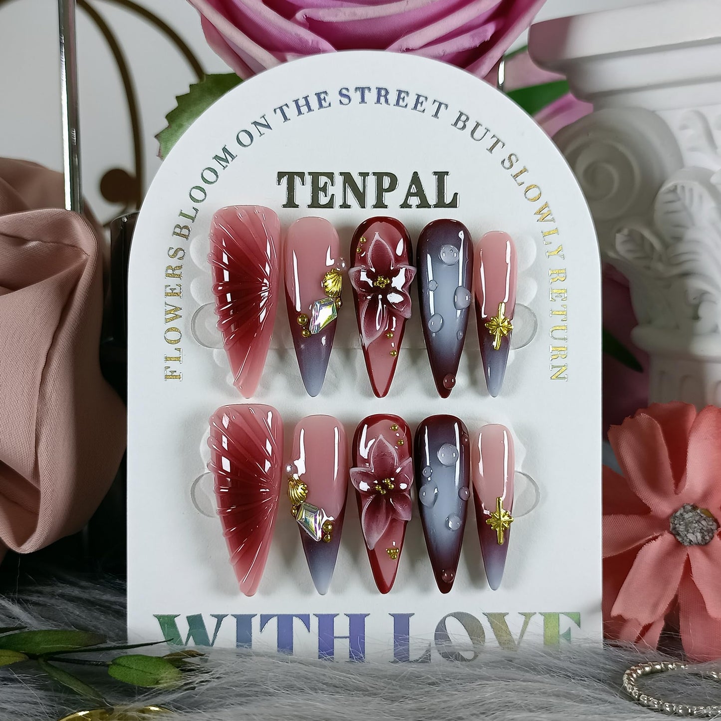 TENPAL Stiletto Press on Nails - Wine Brown Blushing French Fake Nails with 3D Floral Teardrop Design,Glossy False Nails with Tools,Handmade Glamorous Winter Style Glue on Nails for Women Girls(S)