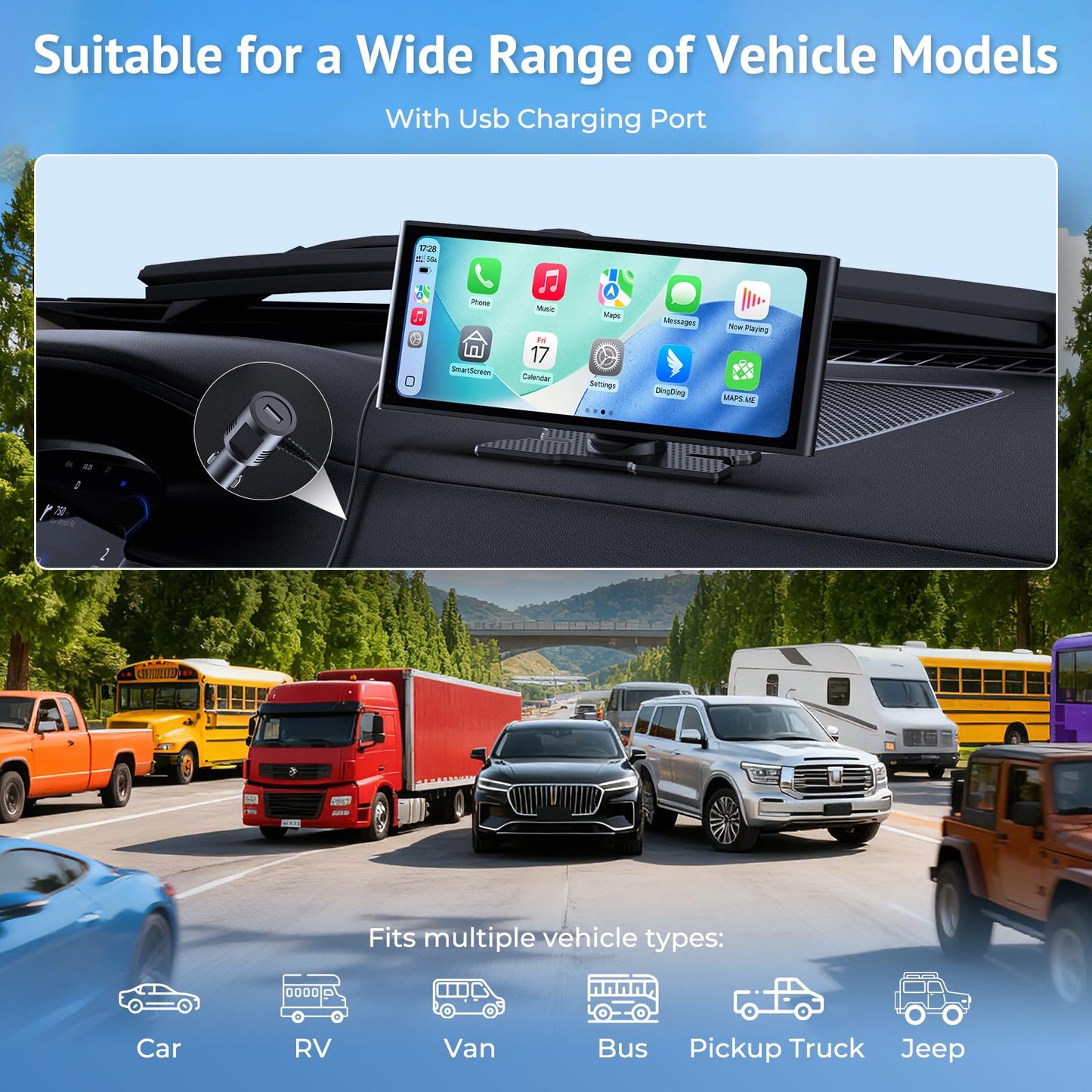 Wonsidary 10.26" HD Wireless CarPlay Screen for Carplay & Android Auto Touch Screen,4K Dash Cam,1080P Backup Camera,Mirror Link,Voice Control,GPS,Bluetooth,64G TF,for All Vehicles