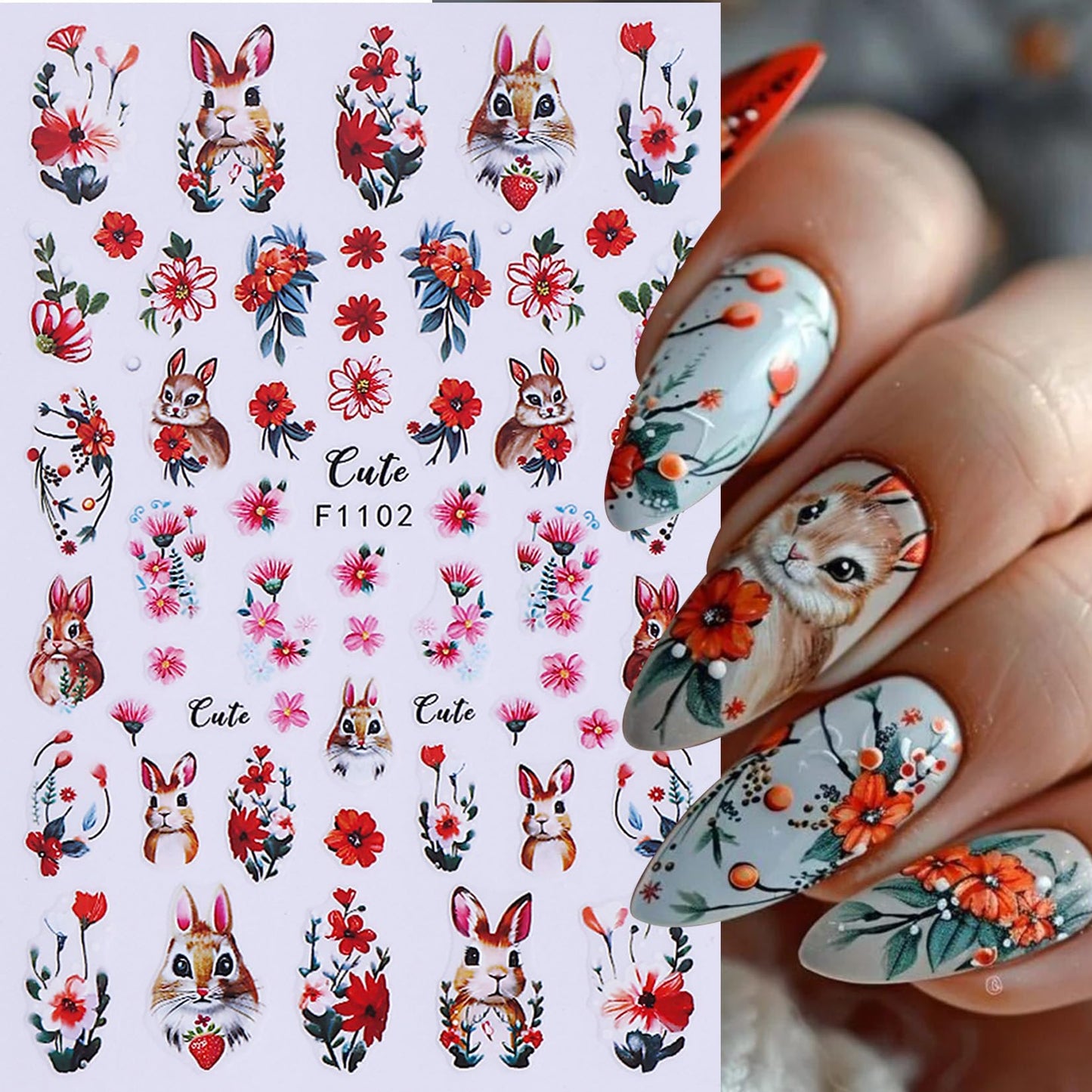 Easter Bunny Nail Art Stickers Decals 12 Sheets 3D Self-Adhesive Cute Rabbit Nail Art Stickers Easter Egg Chick Ears Designs Colorful Flower Daisy Spring Sliders Holiday Manicure Decoration