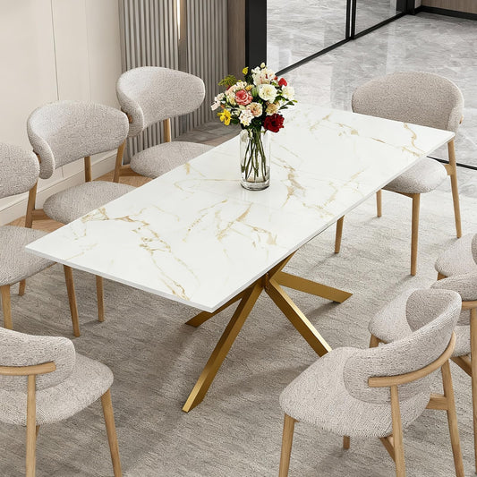63"-79" Extendable Dining Table for 6-10 People, Modern Rectangle Extendable Kitchen Table with Gold Faux Marble Tabletop and Gold Metal Cross Legs for Restaurant/Dining Room/Kitchen/Living Room