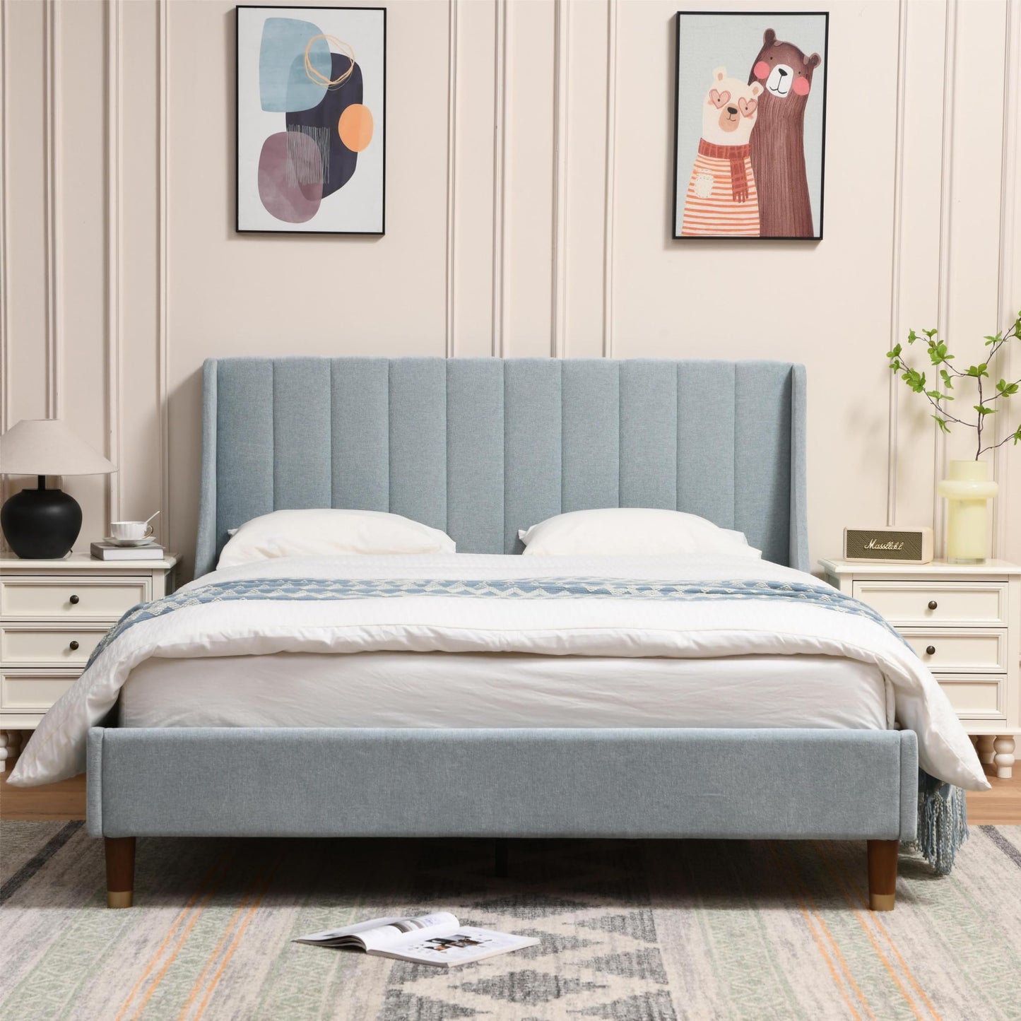 YUHUASHI Queen Size Bed Frame with Linen Fabric Twin Wingback Headboard, Upholstered Platform Bed with Wooden Slat Support, Noiseless, No Box Spring Required (Light Blue, Queen)