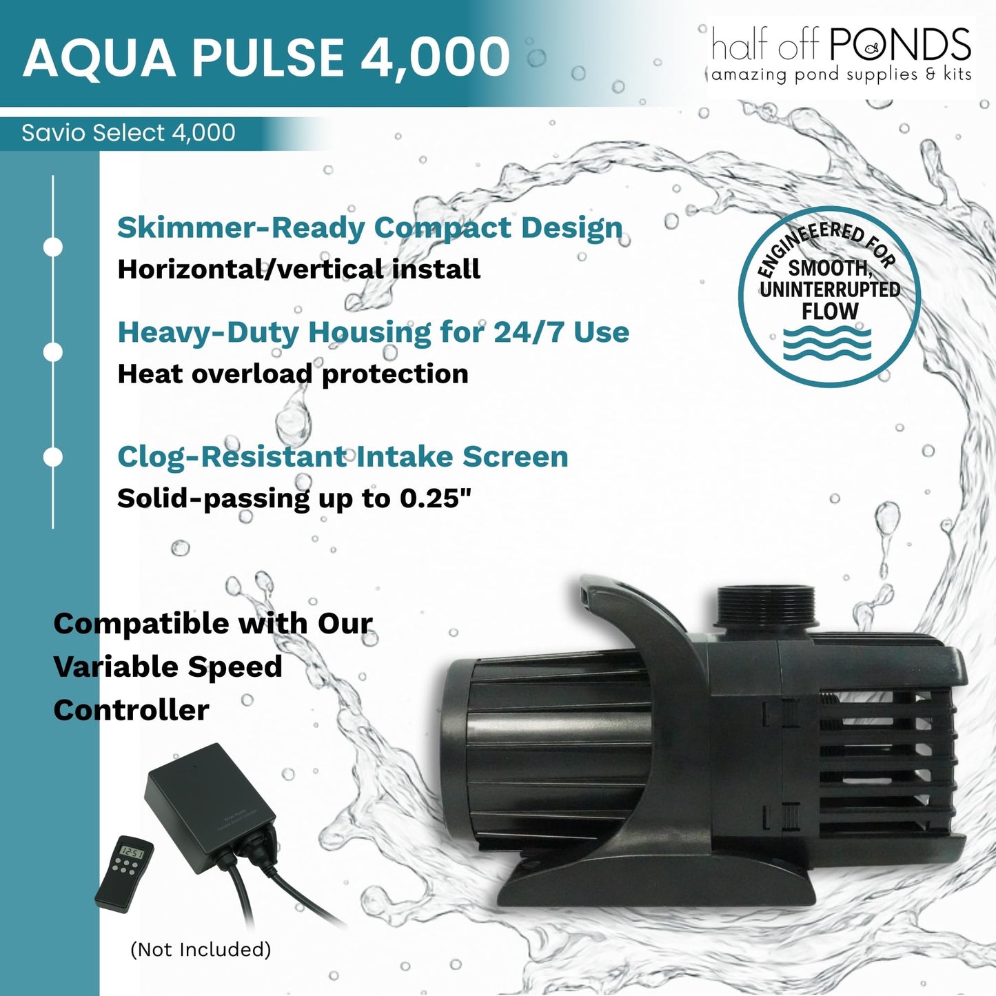 HALF OFF PONDS Savio Select 4,000 GPH Submersible Pump Pond Kit with 20' x 20' EPDM Rubber Pond Liner for Water Garden & Koi Pond