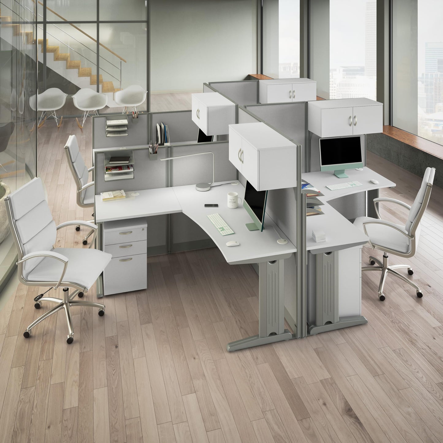 Bush Business Furniture Office in an Hour 4 Person L Shaped Cubicle Desks with Storage, Drawers, and Organizers in Pure White