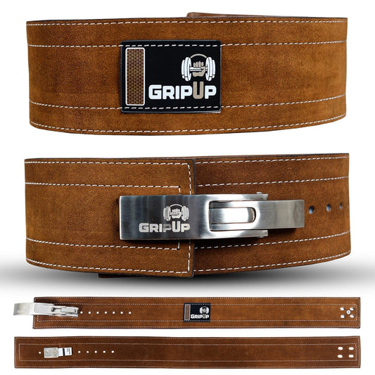 GripUp Powerlifting Belt for Weightlifting Lever Buckle Leather Gym Belt 10mm Thick 4-Inch Lumbar Back Support for Men & Women Ideal for Bodybuilding Deadlifts and Strength Training GP-005 (Brown/White, M)