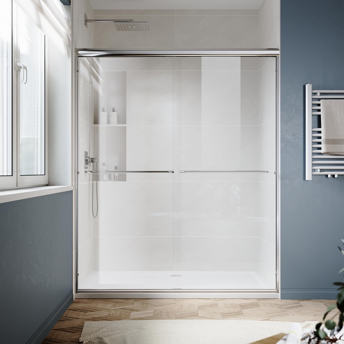 SUNNY SHOWER Double Sliding Glass Door 60" W x 72" H Shower Door 1/4" Tempered Glass Sliding Door Semi-Frameless Shower Glass Enclosure Bypass Walk in Shower Cabin, Chrome Finished