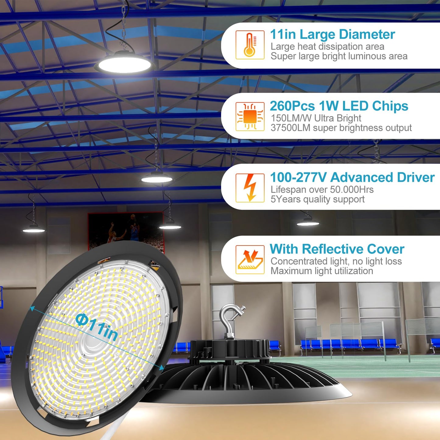 Lightdot 250W High Bay LED Light 37500lm Commercial Bay Lighting 5000K AC100-277V UFO LED High Bay Shop Light for 30-60FT Height Warehouse,Workshop, Garage & Barn,Plug & Play -6Pack